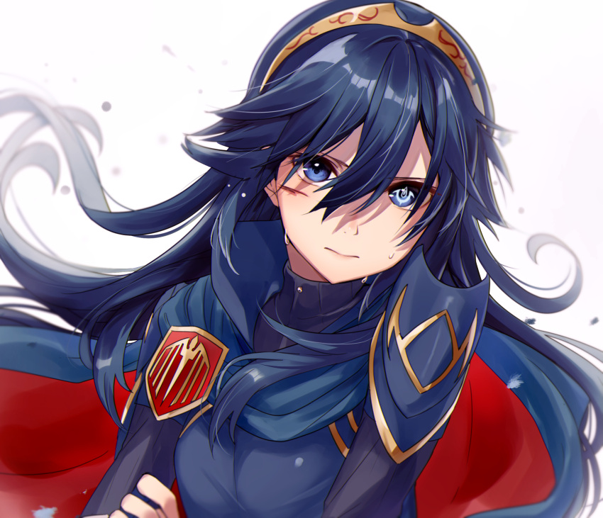 1girl blue_eyes blue_hair brand_of_the_exalt cape closed_mouth cuts fire_emblem fire_emblem_awakening floating_hair frown hair_between_eyes haru_(nakajou-28) highres injury long_hair looking_at_viewer lucina_(fire_emblem) revision serious simple_background solo sweat symbol_in_eye tiara upper_body white_background