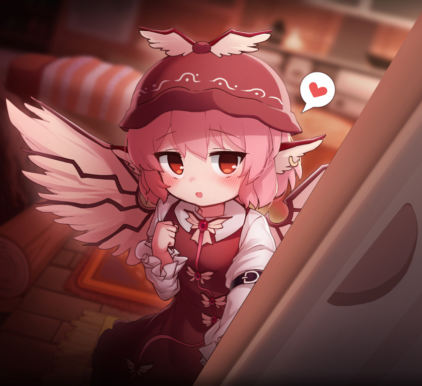 1girl animal_ears bird_ears bird_wings blush brown_dress brown_eyes brown_headwear collared_shirt dress frilled_shirt_collar frilled_sleeves frills hat heart highres long_sleeves mochikushi mystia_lorelei open_mouth pink_hair shirt short_hair sleeve_garter smile solo spoken_heart touhou white_shirt white_wings winged_hat wings