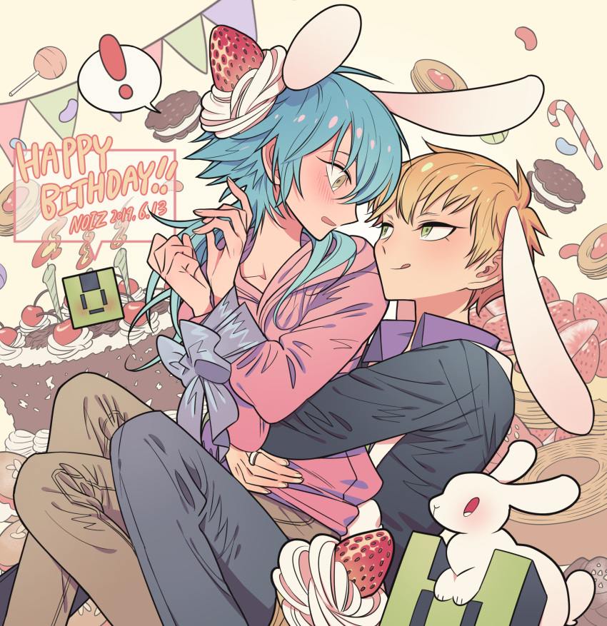 ! 2boys animal_ears birthday_cake blonde_hair blue_hair blush bound bound_wrists brown_pants cake candle candy candy_cane cherry chocolate_cake cookie dramatical_murder fire food fruit hands_up happy_birthday highres hug hug_from_behind jelly_bean lollipop long_hair long_sleeves looking_at_another looking_back male_focus meremero multiple_boys noiz_(dramatical_murder) open_mouth pants pink_shirt profile purple_shirt rabbit rabbit_ears seragaki_aoba shirt short_hair sitting sitting_on_lap sitting_on_person smile spoken_exclamation_mark strawberry surprised tongue tongue_out yaoi