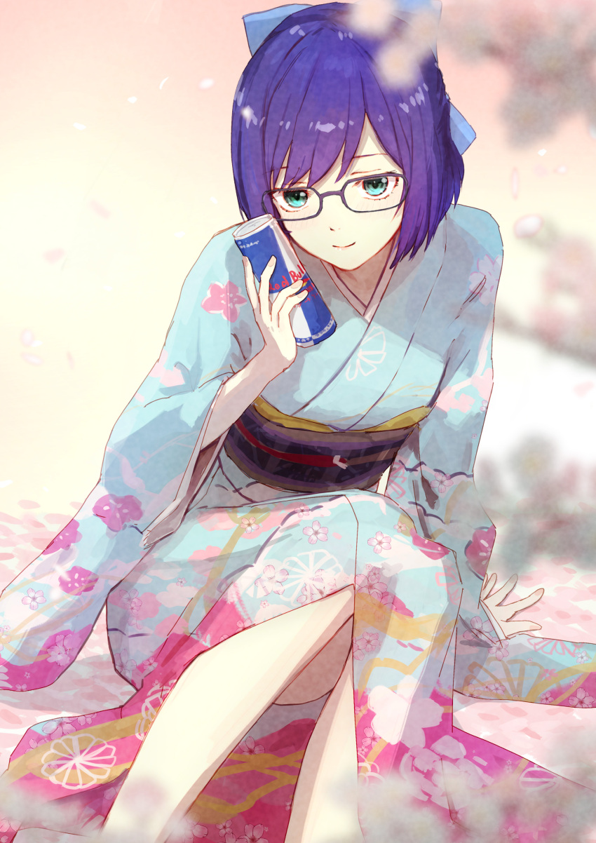 1girl a-chan_(hololive) absurdres alternate_costume aqua_eyes black-framed_eyewear blue_bow blue_kimono blurry blurry_foreground bow can closed_mouth commentary drink energy_drink feet_out_of_frame floral_print glasses hair_bow hand_up highres holding holding_can holding_drink hololive japanese_clothes kimono long_sleeves looking_at_viewer print_kimono purple_hair red_bull short_hair sitting smile solo swept_bangs virtual_youtuber wide_sleeves yami_ara