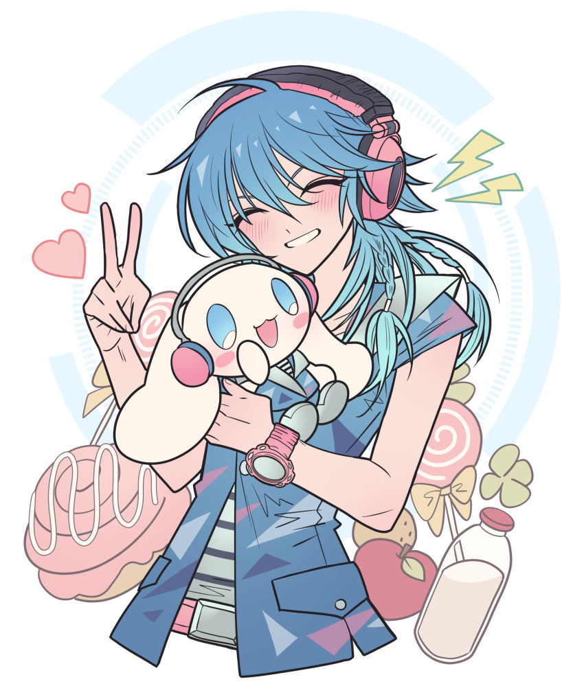 1boy absurdres apple blue_hair blue_jacket blush bottle candy cinnamon_roll cinnamoroll closed_eyes clover cropped_torso crossover dramatical_murder facing_viewer food four-leaf_clover fruit hair_between_eyes hand_up headphones heart highres holding holding_stuffed_toy jacket lollipop long_hair male_focus meremero milk_bottle open_mouth red_apple sanrio seragaki_aoba smile stuffed_toy swirl_lollipop upper_body v watch wristwatch