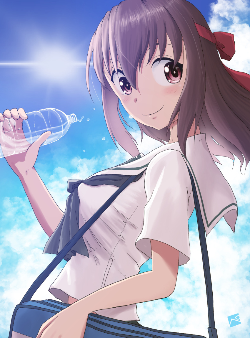 1girl absurdres artist_logo bag black_neckerchief blouse blue_sky bottle brown_eyes brown_hair carrying closed_mouth cloud cloudy_sky commentary day girls_und_panzer headband highres holding holding_bottle kainushi kondou_taeko looking_at_viewer medium_hair midriff neckerchief ooarai_school_uniform outdoors red_headband sailor_collar school_bag school_uniform serafuku shirt short_sleeves sky smile solo sunlight sweat water_bottle white_sailor_collar white_shirt wind