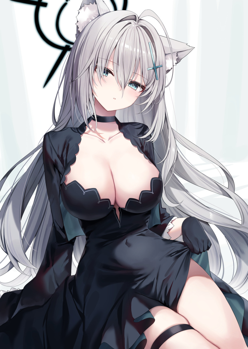1girl ahoge animal_ear_fluff animal_ears black_choker black_dress black_gloves black_jacket blue_archive blue_eyes breasts choker cleavage clothes_lift collarbone covered_navel cropped_jacket dress dress_lift gloves hair_ornament halo highres jacket large_breasts lifted_by_self long_hair long_sleeves looking_at_viewer no_bra open_clothes open_jacket parted_lips shiroko_(blue_archive) shiroko_terror_(blue_archive) sitting skindentation solo strapless strapless_dress thigh_strap thighs very_long_hair white_hair wolf_ears yon_(letter)
