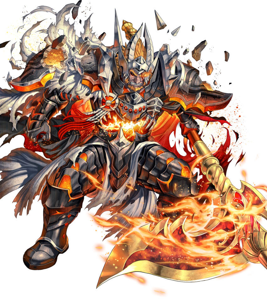 1boy armor beard black_cape broken_armor cape clenched_teeth colored_sclera damaged dark-skinned_male dark_skin facial_hair fire_emblem fire_emblem_heroes highres holding holding_scythe non-web_source official_alternate_costume official_art orange_hair pelvic_curtain red_cape red_eyes scar scar_across_eye scythe shoulder_spikes solo spikes surtr_(fire_emblem) surtr_(resplindent)_(fire_emblem) teeth