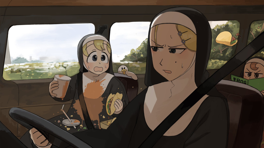 3girls bird blonde_hair blue_eyes brown_eyes brown_hair car_interior chicken clumsy_nun_(diva) cup dirty dirty_clothes diva_(hyxpk) duck english_commentary froggy_nun_(diva) habit highres holding holding_cup little_nuns_(diva) messy mole mole_on_cheek multiple_girls nun seatbelt steering_wheel strict_nun_(diva) taco traditional_nun