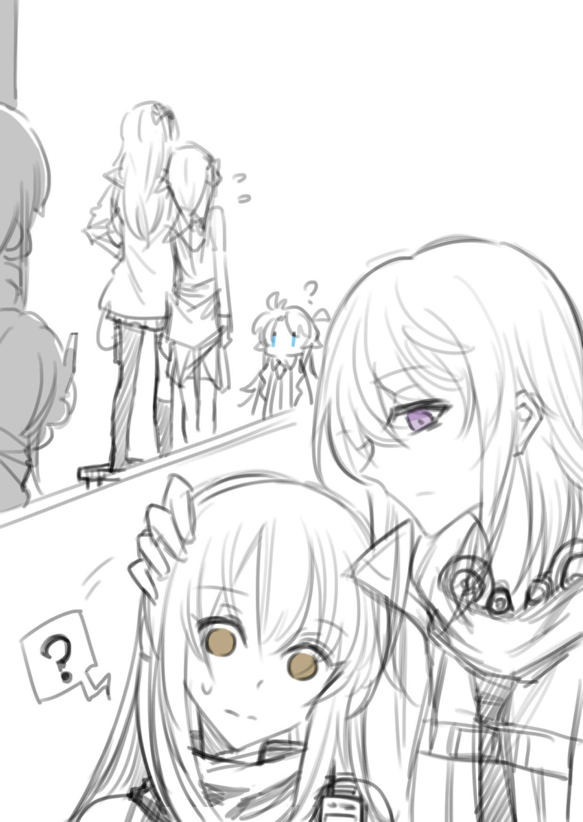 5girls ? ahoge anti-rain_(girls'_frontline) around_corner asymmetrical_legwear blue_eyes brown_eyes chinese_commentary closed_mouth commentary_request female_commander_(girls'_frontline) flying_sweatdrops girls'_frontline hair_between_eyes hair_ornament hand_on_another's_head headgear highres jacket kneehighs long_hair looking_at_another m16a1_(girls'_frontline) m4_sopmod_ii_(girls'_frontline) m4a1_(girls'_frontline) monochrome multiple_girls multiple_views necktie peeking_out purple_eyes side-by-side simple_background socks spoken_question_mark spot_color st_ar-15_(girls'_frontline) standing su_xiao_jei sweatdrop thighhighs uneven_legwear white_background yuri |_|