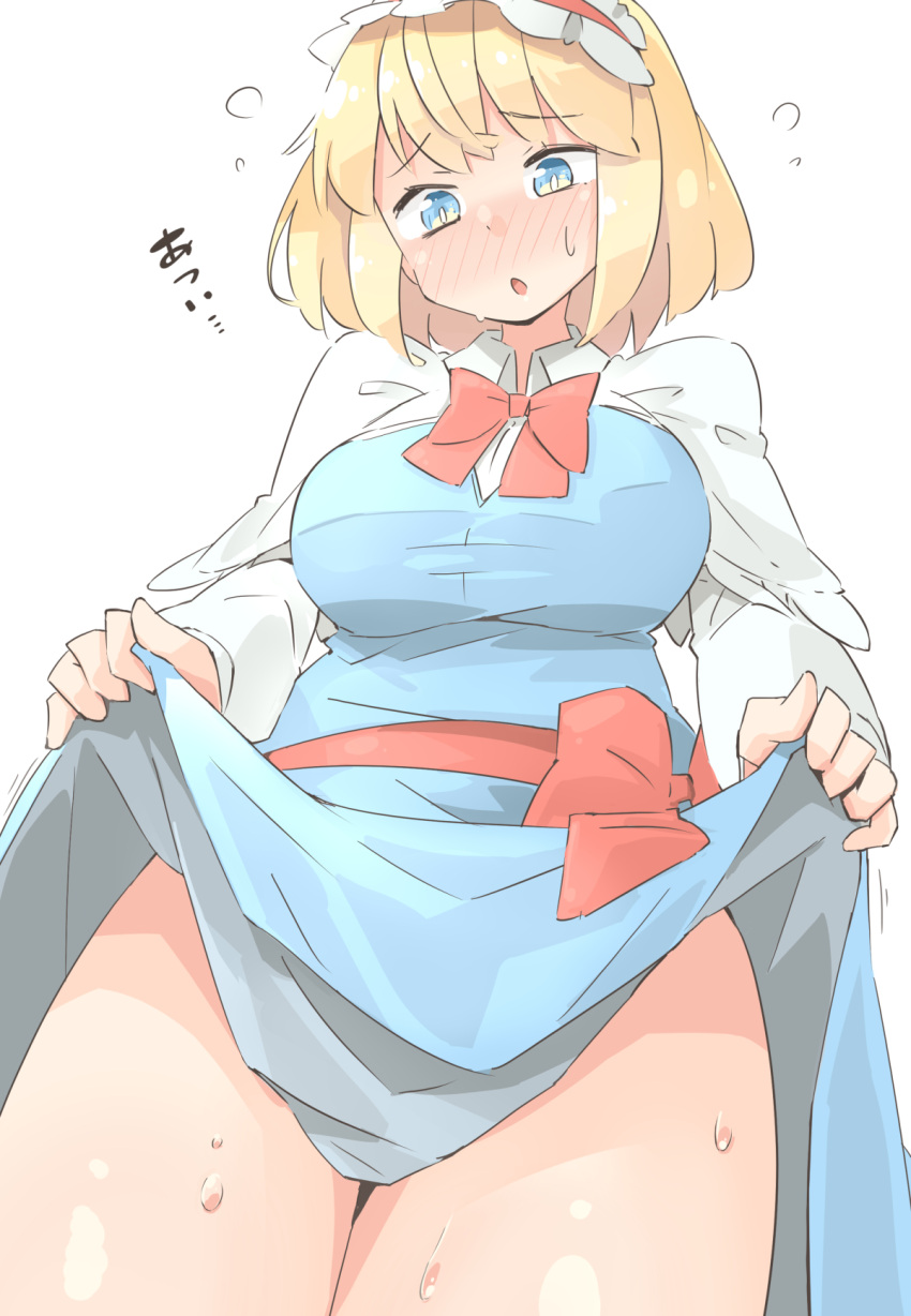 1girl ? alice_margatroid arnest blonde_hair blue_dress blue_eyes blush breasts clothes_lift dress hairband highres lolita_hairband open_mouth short_hair skirt skirt_lift solo sweat sweatdrop touhou translation_request white_background