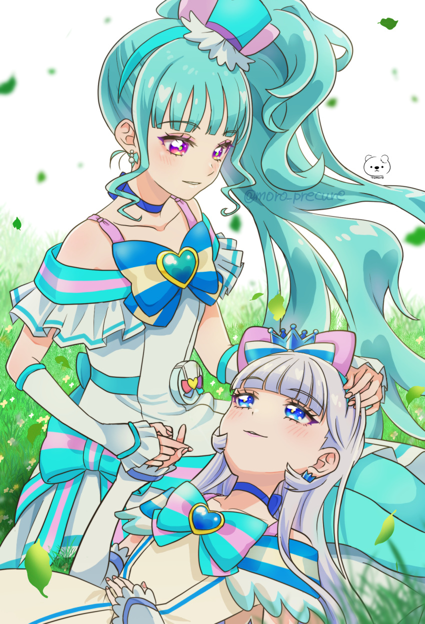 2girls aqua_hair aqua_hairband aqua_headwear aqua_pantyhose blue_bow blue_choker blue_eyes blunt_bangs bow brooch choker collarbone crown cure_lillian cure_nyammy dot_nose dress dress_bow earrings grass hair_bow hairband hand_on_another's_head hat heart heart_brooch highres holding_hands jewelry lap_pillow leaf long_hair looking_at_another magical_girl mini_crown mini_hat moro_precure multicolored_bow multiple_girls nekoyashiki_mayu nekoyashiki_yuki pantyhose parted_lips pouch precure purple_eyes side_ponytail sitting smile striped striped_bow twitter_username white_dress white_hair wonderful_precure! wrist_cuffs