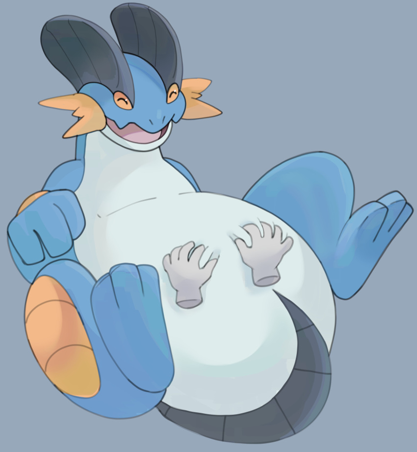 2022 absurd_res ambiguous_gender belly belly_rub belly_squish big_belly blue_body digital_drawing_(artwork) digital_media_(artwork) disembodied_hand duo eyes_closed feet feral generation_3_pokemon grey_background grey_body hand_on_stomach happy hi_res high-angle_view lying multicolored_body nintendo nude on_back open_mouth open_smile overweight overweight_ambiguous overweight_feral pokemon pokemon_(species) simple_background smile soles solo_focus squish swampert three-quarter_view xeniyy