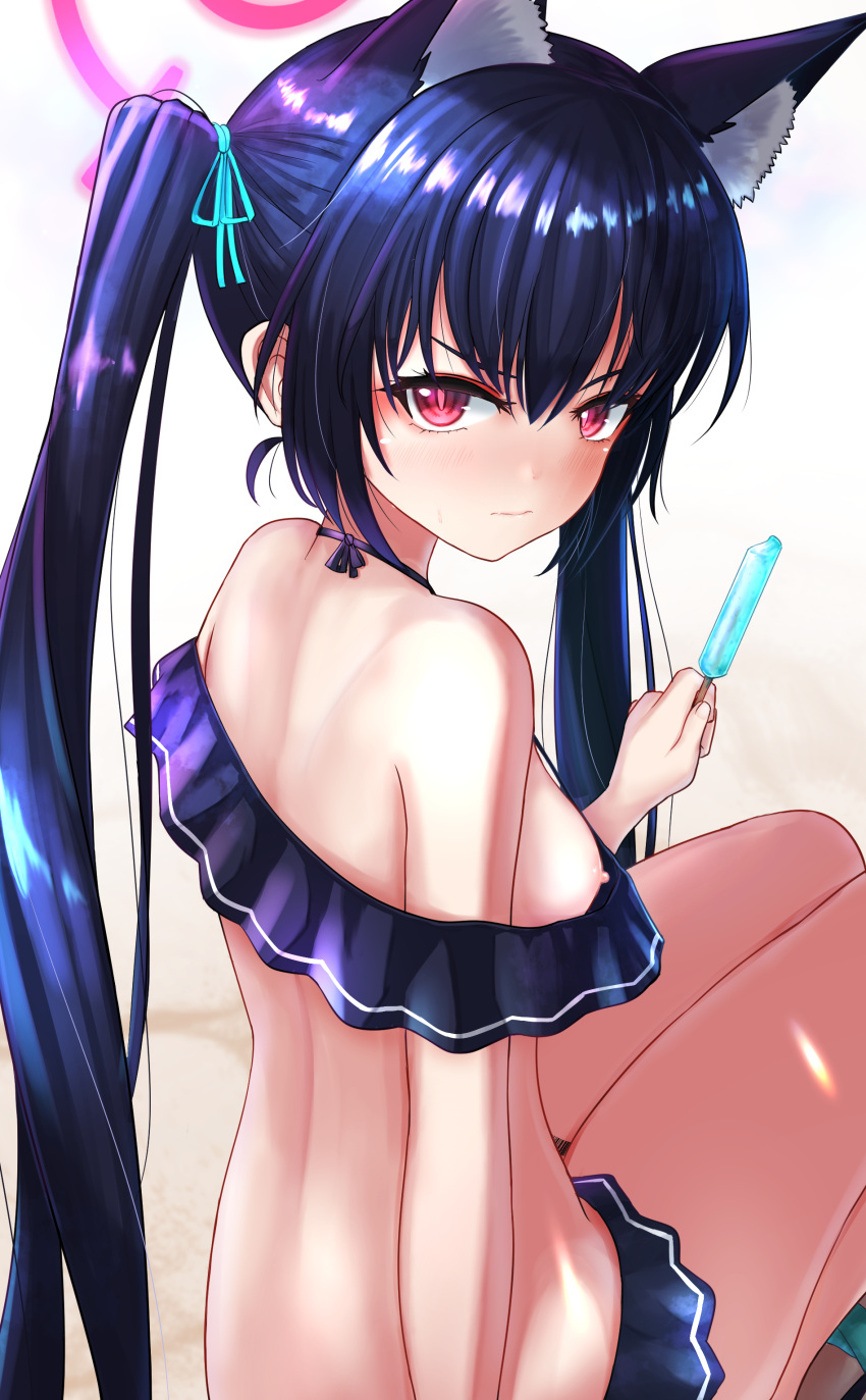 1girl absurdres animal_ear_fluff animal_ears bikini bikini_skirt black_bikini black_hair blue_archive blush breasts cat_ears extra_ears food frilled_bikini frills from_behind halo highres long_hair looking_at_viewer nipple_slip nipples off-shoulder_bikini off_shoulder official_alternate_costume p_ion popsicle red_eyes serika_(blue_archive) serika_(swimsuit)_(blue_archive) sitting solo swimsuit twintails