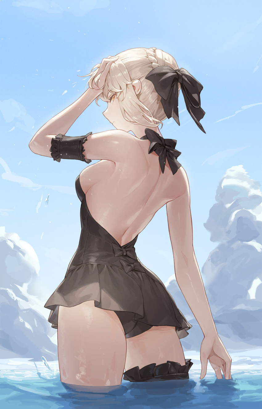 1girl absurdres artoria_pendragon_(fate) ass black_bow black_bowtie black_ribbon blonde_hair blue_sky bow bowtie breasts cotta_(heleif) cowboy_shot dress fate/grand_order fate_(series) highres looking_at_viewer looking_back medium_breasts ocean partially_submerged ribbon saber_alter short_hair sideboob sky solo thighs water yellow_eyes