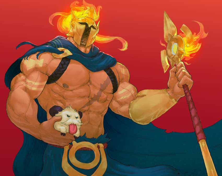 1boy abs armor bara character_request cowboy_shot creature fiery_hair helmet highres holding holding_creature large_pectorals league_of_legends male_focus mixter_art muscular muscular_male navel nipples no_shirt pantheon_(league_of_legends) pectorals polearm scar stomach veins veiny_arms weapon