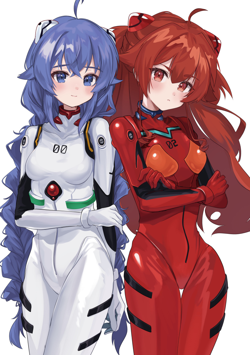 2girls absurdres ahoge arm_at_side ayanami_rei ayanami_rei_(cosplay) baba_kirika blue_eyes blue_hair blush bodysuit braid breasts closed_mouth commentary_request cosplay crossed_arms crossed_bangs double-parted_bangs eris_greyrat furrowed_brow hair_between_eyes hair_flaps half_updo hand_up head_tilt highres long_hair looking_at_viewer low-braided_long_hair medium_breasts multiple_girls mushoku_tensei neon_genesis_evangelion plugsuit red_bodysuit red_eyes red_hair roxy_migurdia side-by-side sidelocks simple_background smile souryuu_asuka_langley souryuu_asuka_langley_(cosplay) thigh_gap thighs twin_braids wavy_hair white_background white_bodysuit