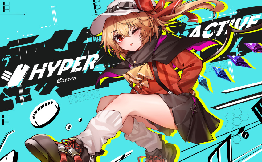 1girl ;p absurdres alternate_costume artist_name ascot baseball_cap black_capelet black_footwear black_skirt blonde_hair bow capelet closed_mouth commentary crystal english_commentary flandre_scarlet full_body goggles goggles_on_headwear hands_in_pocket hat hat_bow highres long_hair long_sleeves looking_at_viewer loose_socks one_eye_closed red_bow red_eyes red_shirt shirt skirt smile socks solo suspenders tongue tongue_out top-exerou touhou white_headwear white_socks wings yellow_ascot