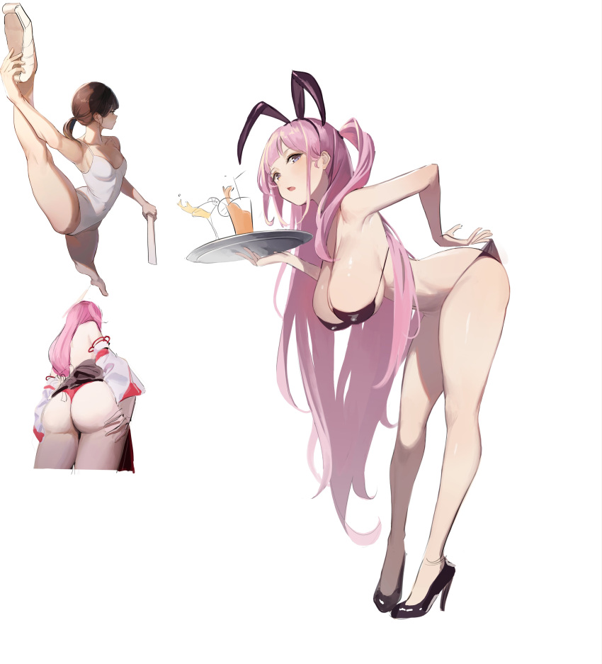 3girls absurdres animal_ears ass ballerina bartender bikini bikini_bottom_pull black_bikini black_footwear blue_eyes breasts brown_hair commentary cropped_legs dampi detached_sleeves drink fake_animal_ears from_behind from_side full_body hanging_breasts high_heels highres holding holding_leg holding_tray large_breasts leaning_forward leg_hold leg_up leotard long_hair looking_at_viewer looking_to_the_side medium_hair multiple_girls one_side_up open_mouth original pink_hair ponytail rabbit_ears shoes simple_background sketch small_breasts spaghetti_strap spilling split standing standing_on_one_leg standing_split swimsuit symbol-only_commentary tray very_long_hair white_background white_footwear white_leotard