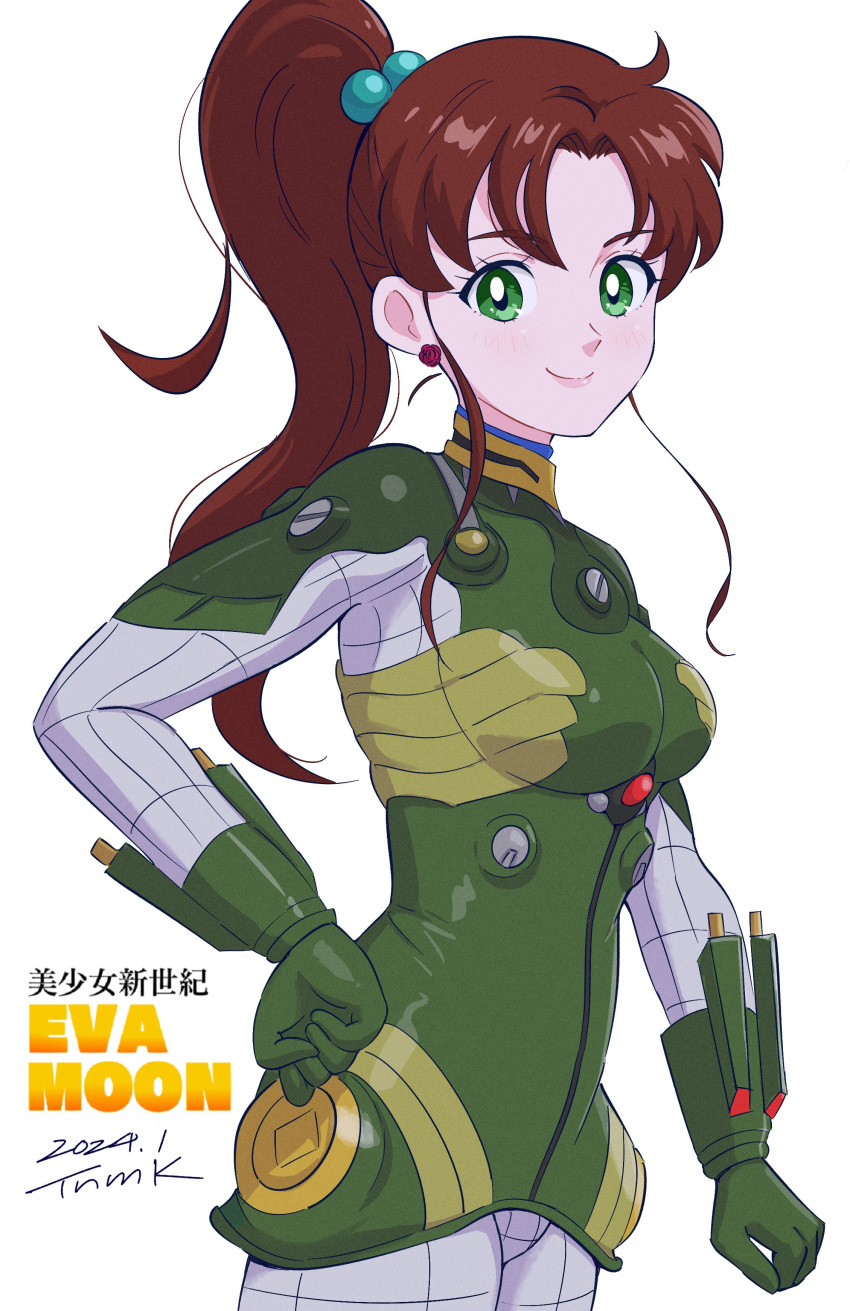 1girl absurdres bishoujo_senshi_sailor_moon bodysuit brown_hair cosplay earrings evangelion:_2.0_you_can_(not)_advance flower_earrings green_bodysuit highres jewelry kino_makoto looking_at_viewer makinami_mari_illustrious makinami_mari_illustrious_(cosplay) neon_genesis_evangelion pilot_suit plugsuit ponytail rebuild_of_evangelion sidelocks simple_background tsunemoku white_background