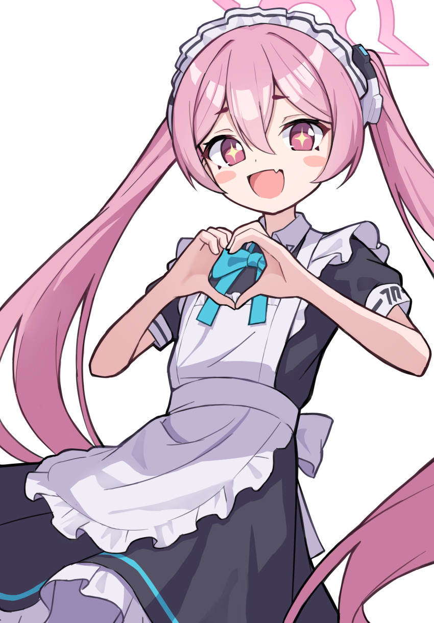 +_+ 1girl :d absurdres apron blue_archive blush_stickers fang hair_between_eyes halo heart heart_hands highres koyuki_(blue_archive) long_hair looking_at_viewer maid maid_apron maid_headdress open_mouth pink_hair pink_halo short_sleeves skin_fang smile solo tadashisa twintails white_apron