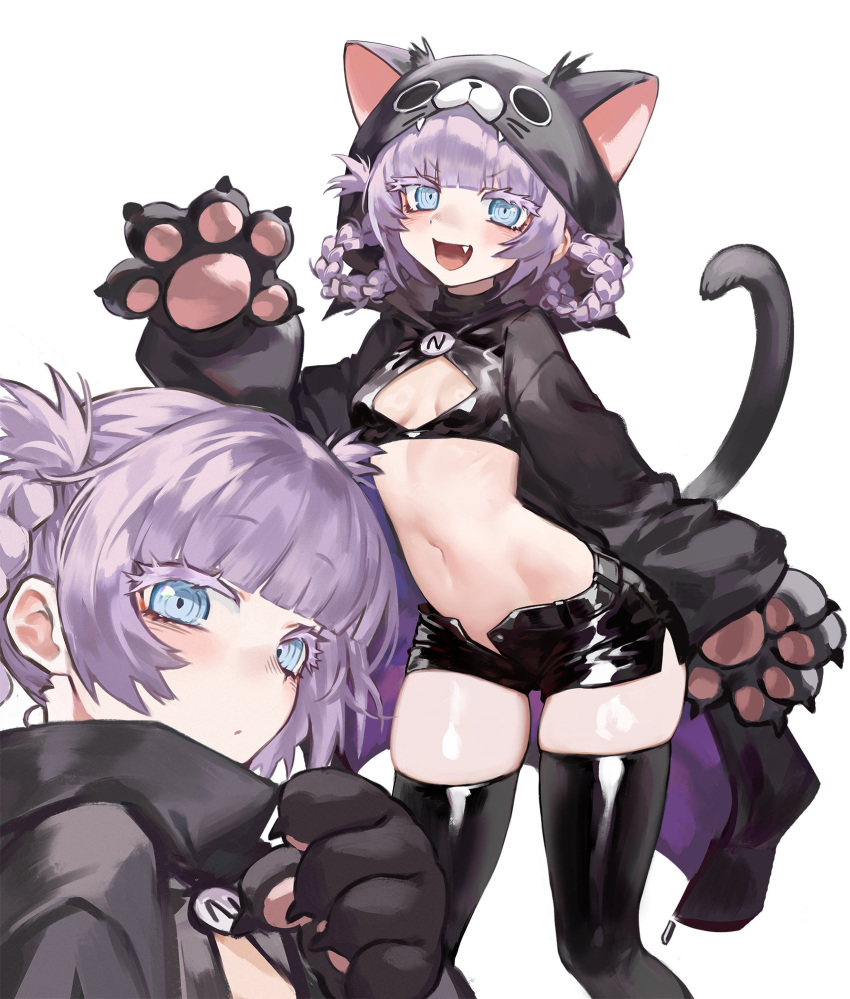 1girl animal_hands animal_hood arm_at_side black_shorts black_thighhighs blue_eyes blunt_bangs blush braided_hair_rings breasts cat_hood cat_paws cat_tail cleavage_cutout closed_mouth clothing_cutout colored_eyelashes contrapposto crop_top eyelashes fake_tail fang feet_out_of_frame foolish_potato gloves hair_rings hand_up highres hood hood_up hooded_shrug long_sleeves looking_at_viewer multiple_views nanakusa_nazuna_(yofukashi_no_uta) navel open_fly open_mouth paw_gloves puffy_long_sleeves puffy_sleeves ringed_eyes shiny_clothes short_hair short_shorts shorts shrug_(clothing) sidelocks simple_background skindentation small_breasts smile standing tail thick_eyelashes thighhighs white_background yofukashi_no_uta