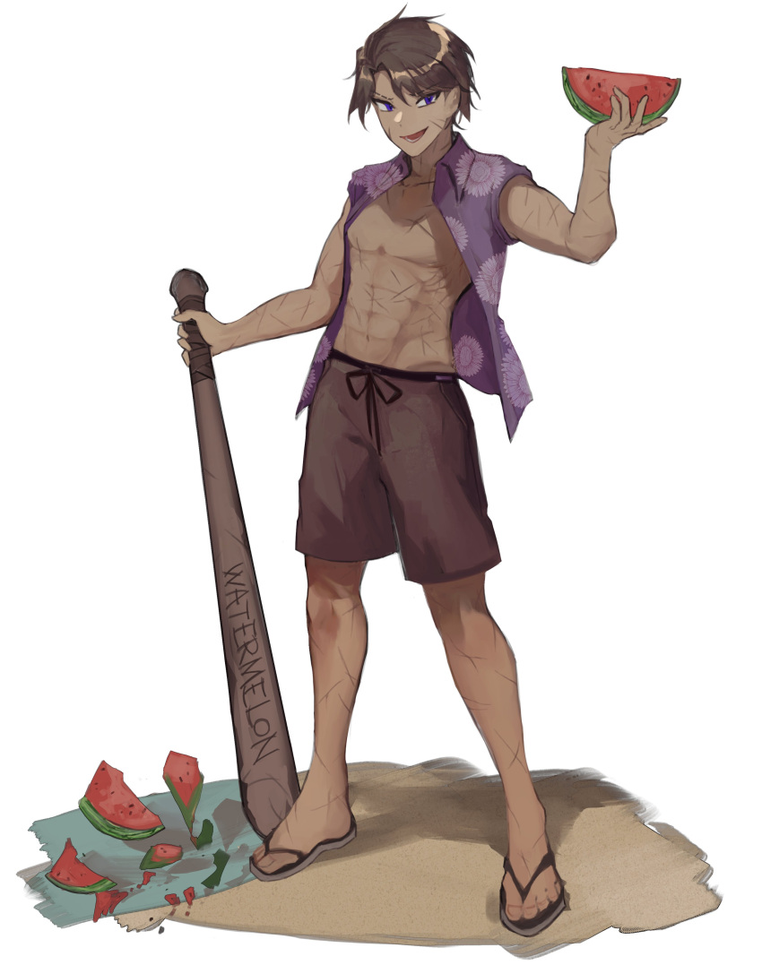 1boy abs absurdres baseball_bat brown_hair brown_shorts food fruit heathcliff_(project_moon) highres holding holding_baseball_bat holding_food holding_fruit jacket limbus_company lk0_71604 looking_at_viewer open_clothes open_jacket open_mouth pectorals project_moon purple_eyes purple_jacket sand sandals shorts simple_background smile solo suikawari watermelon white_background