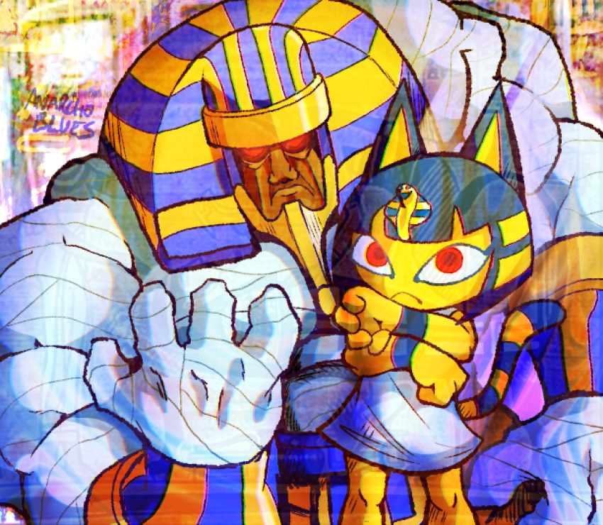 2021 4_fingers abstract_background action_pose alternate_version_at_source anakaris anarchoblues animal_crossing ankha_(animal_crossing) anthro biped blue_hair bob_cut bracelet capcom clothed clothing crossover dark_body dark_skin darkstalkers domestic_cat dress duo egyptian egyptian_clothing egyptian_headdress egyptian_mythology felid feline felis female fingers frown glowing glowing_eyes gold_(metal) gold_bracelet gold_jewelry hair headgear humanoid jewelry kalasiris looking_at_viewer male mammal markings middle_eastern_mythology mummy mummy_wrappings muscular muscular_humanoid muscular_male mythology nemes_(clothing) nintendo pose red_eyes short_hair signature size_difference striped_markings striped_tail stripes tail tail_markings undead uraeus wraps yellow_body