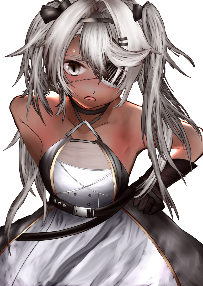 1girl absurdres arm_behind_back bangs bare_shoulders black_bow black_gloves blush bow breasts collarbone dark-skinned_female dark_skin dress elbow_gloves eyepatch girls'_frontline gloves grey_dress grey_eyes grey_hair grey_hairband hair_bow hair_ornament hairband hairclip hand_on_hip highres hs.50_(girls'_frontline) leaning_forward long_hair looking_at_viewer meimushi open_mouth small_breasts solo standing sweat sweatdrop twintails white_background