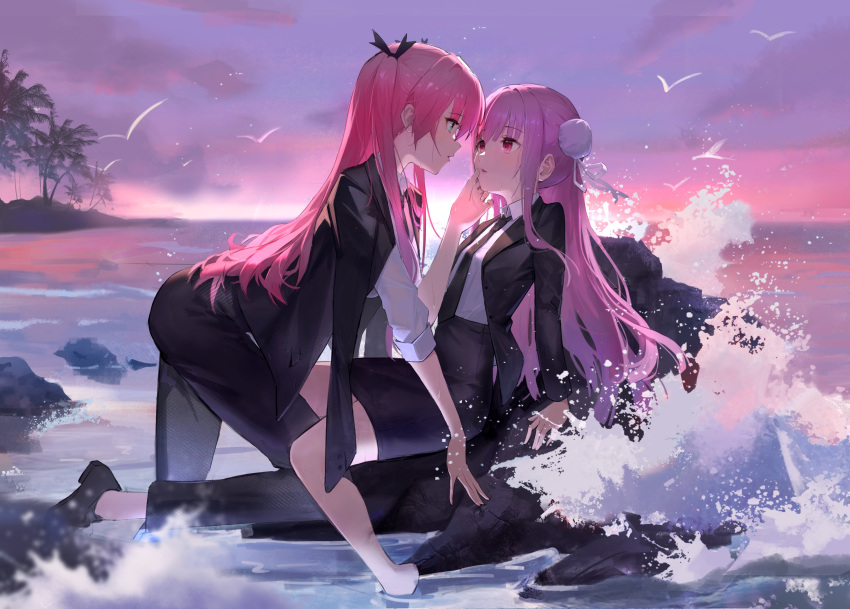 absurdres aikawa_megumi akira_xiaoming beach bird blazer blush cloud double_bun dusk green_eyes hair_bun hand_on_another's_cheek hand_on_another's_face heaven_burns_red highres horizon jacket kunimi_tama long_hair looking_at_another necktie ocean outdoors pants pink_eyes pink_hair seagull second-party_source sky two_side_up water waves yuri