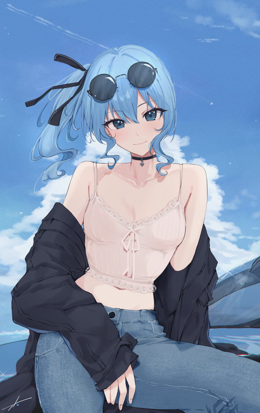 1girl absurdres bare_shoulders black_choker black_jacket black_ribbon blue_eyes blue_hair blue_sky breasts choker cloud collarbone contrail crop_top denim eyewear_on_head feint721 hair_ribbon highres hololive hoshimachi_suisei jacket jacket_partially_removed jeans light_smile looking_at_viewer midriff navel outdoors pants ribbon side_ponytail sidelocks signature sitting sky small_breasts solo stomach sunglasses virtual_youtuber wavy_hair