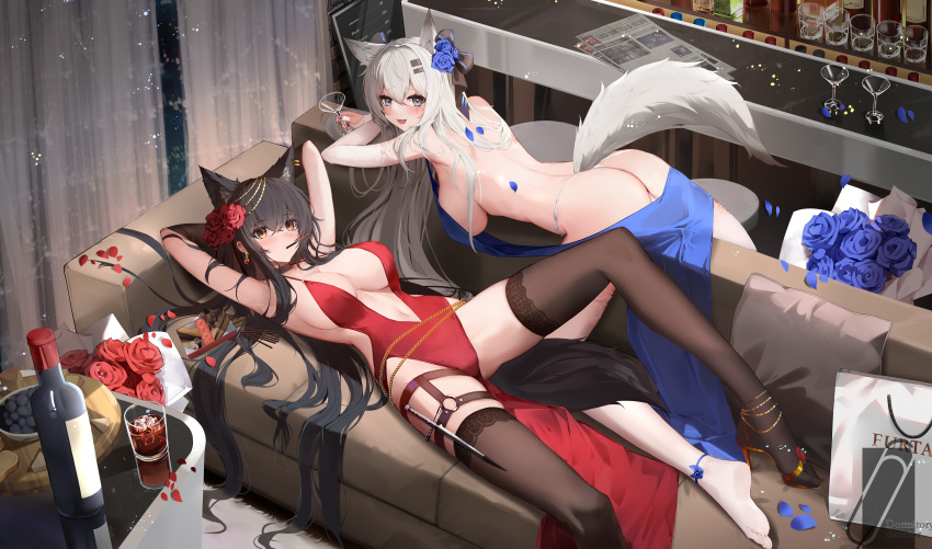 2girls absurdres animal_ear_fluff animal_ears arknights arms_behind_head ass bag black_hair blue_flower blue_rose bottle couch dress flower highres indoors lappland_(arknights) long_hair lying multiple_girls on_back qinshishizhang rose tail texas_(arknights) thighhighs white_hair wine_bottle wolf_ears wolf_girl wolf_tail