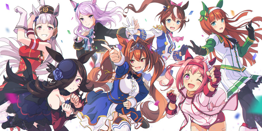 6+girls :d animal_ears bare_shoulders brown_hair daiwa_scarlet_(umamusume) gloves gold_ship_(umamusume) grey_hair grin haru_urara_(umamusume) highres horse_ears horse_girl horse_tail looking_at_viewer mejiro_mcqueen_(umamusume) multiple_girls nobusawa_osamu orange_hair pointing pointing_at_viewer purple_hair rice_shower_(umamusume) silence_suzuka_(umamusume) smile tail tokai_teio_(umamusume) umamusume v-shaped_eyebrows white_gloves