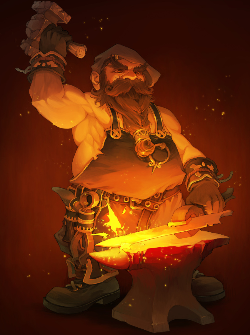 1boy absurdres anvil black_footwear black_gloves blacksmith boots braid braided_beard dwarf facial_hair full_body gloves glowing gradient_background hat highres male_focus mallet muscular muscular_male orange_theme original sauna_posa solo sparks