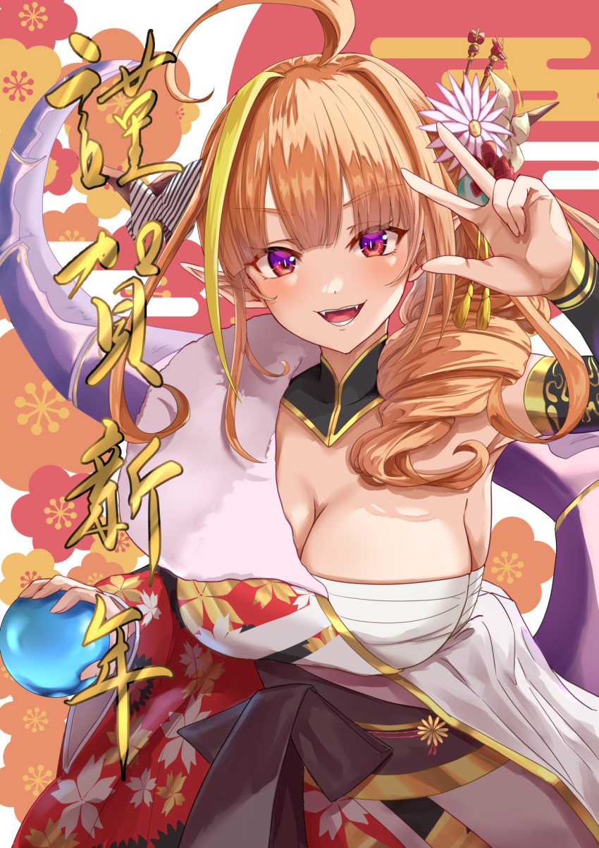 1girl ahoge black_sash blonde_hair breasts chest_sarashi cleavage detached_collar dragon_girl dragon_horns dragon_tail fangs floral_print_kimono flower hair_flower hair_ornament highres hololive horns japanese_clothes kimono kiryu_coco kiryu_coco_(new_year) large_breasts looking_at_viewer multicolored_hair obi official_alternate_costume open_mouth orange_hair purple_eyes red_kimono sarashi sash smile streaked_hair tail virtual_youtuber w yam_(yam6056)