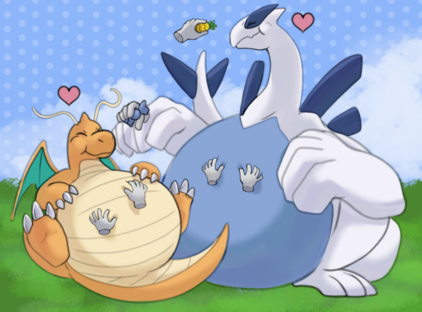 &lt;3 1_horn 2022 absurd_res ambiguous_gender antennae_(anatomy) anthro belly belly_on_ground belly_overhang belly_rub belly_squish big_belly big_hands biped blue_belly blue_body candy claws cloud dessert digital_drawing_(artwork) digital_media_(artwork) disembodied_hand dragon dragonite duo_focus eating eyes_closed feeding feet food generation_1_pokemon generation_2_pokemon grass group hand_on_stomach happy hi_res horn huge_belly legendary_pokemon lugia membrane_(anatomy) membranous_wings multicolored_body nintendo obese obese_ambiguous obese_anthro orange_body overweight overweight_ambiguous overweight_anthro pinap_berry plant pokemon pokemon_(species) pokemon_amie pokemon_berry rare_candy scales semi-anthro sitting size_difference sky smile soles squish tail tan_body tan_scales two_tone_body white_body wings xeniyy