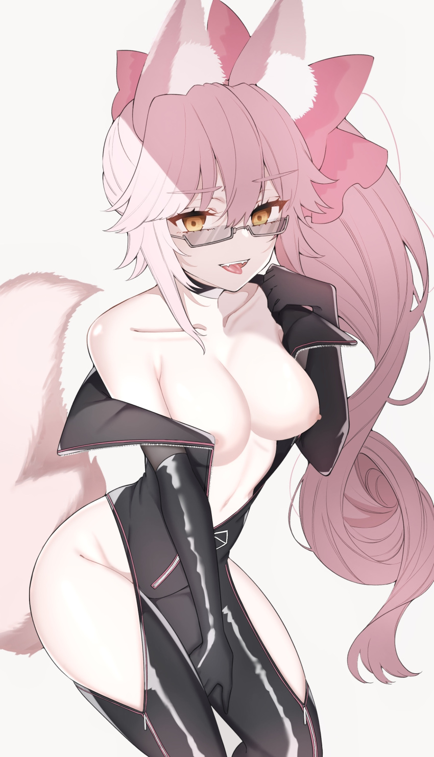 1girl absurdres animal_ear_fluff animal_ears black_bodysuit blush bodysuit bow breasts center_opening choker collarbone fate/grand_order fate_(series) fox_ears fox_girl fox_tail glasses hair_between_eyes hair_bow highres hip_vent koyanskaya_(assassin)_(first_ascension)_(fate) koyanskaya_(fate) large_breasts long_hair looking_at_viewer mati5572 nipples off_shoulder open_mouth pink_bow pink_hair ponytail sidelocks smile tail tamamo_(fate) thighs tongue tongue_out yellow_eyes