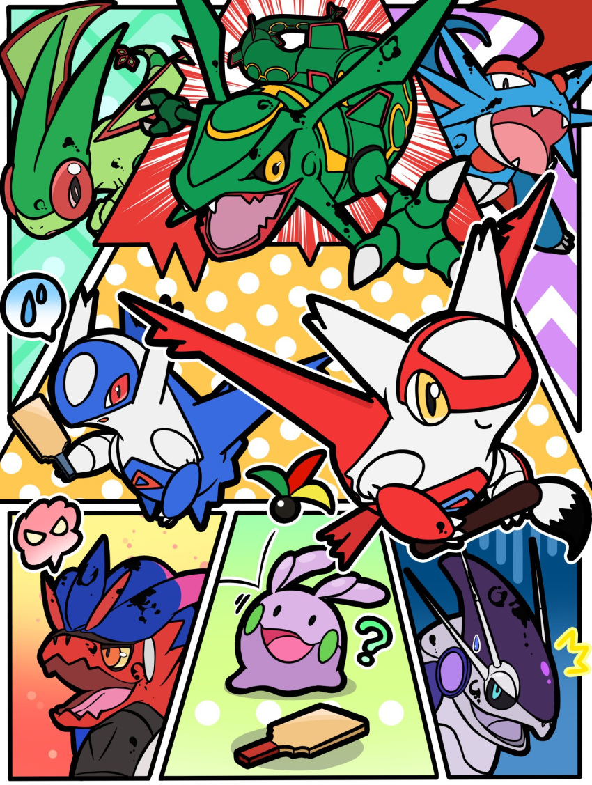 ? bird_tail black_eyes black_sclera blue_eyes border claws closed_mouth colored_sclera colored_skin commentary_request emphasis_lines fangs flygon goomy green_skin highres joints koraidon latias latios miraidon open_mouth orange_eyes outside_border pokemon pokemon_(creature) rayquaza red_eyes rokokolt salamence skin_fangs smile solid_oval_eyes sweat tail tongue water_drop white_border wings yellow_eyes