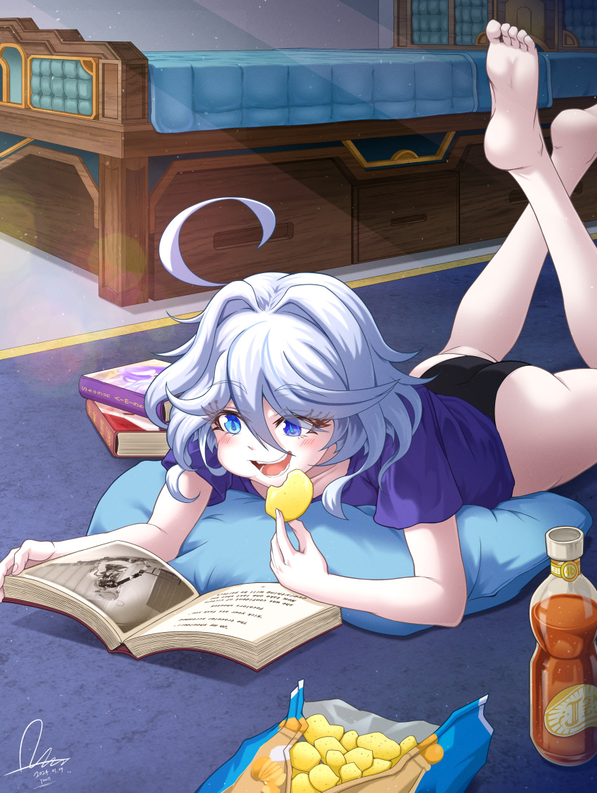 1girl absurdres bare_legs barefoot black_panties blue_eyes blue_shirt book bottle chips_(food) cowlick cushion dasoin dated drop-shaped_pupils eating english_commentary food furina_(genshin_impact) genshin_impact grey_hair hair_between_eyes heterochromia highres holding holding_food indoors lying on_floor on_stomach open_book panties potato_chips reading shirt short_sleeves signature soles solo toes underwear