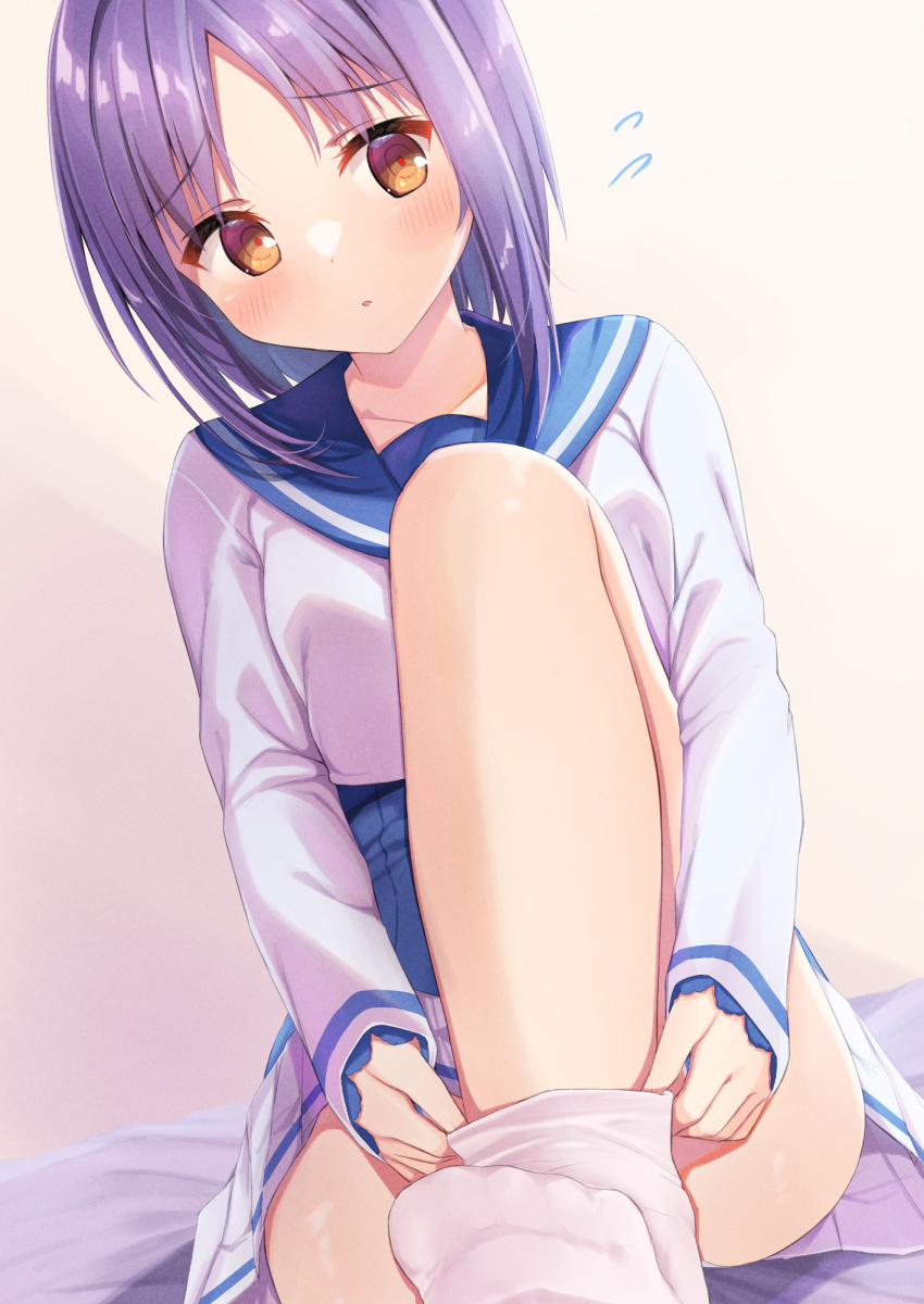 1girl bangs bed_sheet blue_sailor_collar blush bra-ban! breasts brown_eyes collarbone commentary_request flying_sweatdrops highres knee_up long_sleeves mikage_sumi no_shoes parted_bangs parted_lips pleated_skirt purple_hair sailor_collar segaxtu shirt sitting skirt sleeves_past_wrists small_breasts sock_pull socks solo white_shirt white_skirt white_socks
