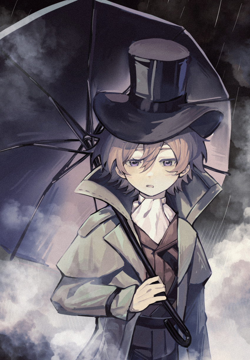 1boy ascot black_background black_coat black_headwear blue_eyes brown_hair brown_vest coat fog hand_up hat highres holding holding_umbrella long_sleeves looking_at_viewer male_focus mingzhaichuan oliver_fog parted_lips rain reverse:1999 shirt solo top_hat umbrella umbrella_over_shoulder upper_body vest white_ascot white_shirt