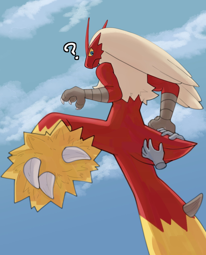 2022 absurd_res ambiguous_gender anthro biped blaziken claws cloud digital_drawing_(artwork) digital_media_(artwork) disembodied_hand duo fur generation_3_pokemon hair hand_on_tail hi_res looking_back low-angle_view multicolored_body multicolored_fur nintendo one_leg_up pokemon pokemon_(species) question_mark raised_leg rear_view red_body red_fur short_tail sky solo_focus standing tail tail_grab tan_body tan_fur tan_hair three-quarter_view xeniyy yellow_body yellow_fur