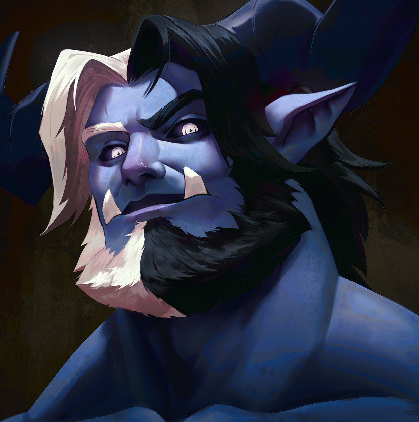 1boy adam's_apple bara beard black_horns black_sclera blue_skin colored_sclera colored_skin commission dungeons_and_dragons facial_hair flexing full_beard glowing glowing_eyes highres horns looking_at_viewer male_focus mature_male mismatched_eyebrows multicolored_hair muscular muscular_male nude plookys pointy_ears portrait ronin_(saberhoneybee) short_hair smile solo split-color_hair thick_beard thick_eyebrows thick_neck tusks two-tone_beard white_eyes