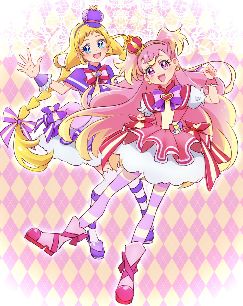 2girls :d blonde_hair blue_eyes blush boots bow braid brooch checkered_background commentary_request crown cure_friendy cure_wonderful dress dress_bow earrings eyelashes fpminnie1 full_body gradient_hair hair_ornament hairband happy heart heart_brooch highres inukai_iroha inukai_komugi jewelry long_hair looking_at_viewer low_twin_braids low_twintails magical_girl mini_crown multicolored_bow multicolored_clothes multicolored_hair multicolored_legwear multiple_girls open_mouth pantyhose petticoat pink_dress pink_eyes pink_footwear pink_hair pouch precure puffy_short_sleeves puffy_sleeves purple_bow purple_dress purple_wrist_cuffs shoes short_dress short_sleeves sketch smile standing standing_on_one_leg streaked_hair striped striped_bow striped_pantyhose thighhighs thighs twin_braids twintails two-tone_hair two_side_up wonderful_precure! wrist_cuffs yellow_hairband