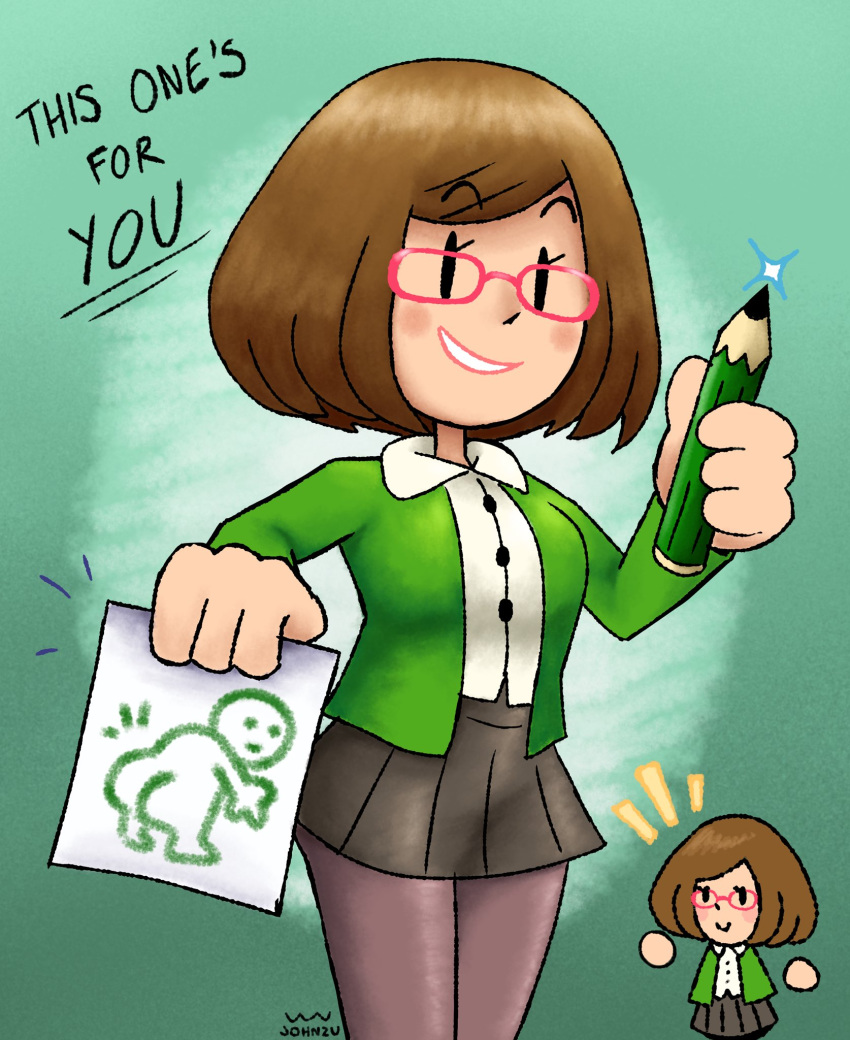 1girl arm_up black_skirt bob_cut breasts brown_hair buttons cardigan collared_shirt drawing_(object) glasses green_cardigan hand_up highres holding holding_pencil johnzuu long_sleeves nikki_(swapnote) nintendo pantyhose paper parted_bangs pencil red-framed_eyewear shirt short_hair simple_background skirt smile solo swapnote white_shirt