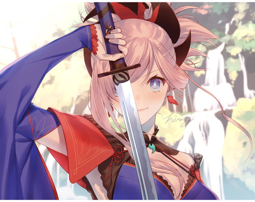 1girl blue_eyes blue_kimono blush breasts cleavage closed_mouth commentary detached_sleeves earrings fate/grand_order fate_(series) fingernails floating_hair hair_ornament holding holding_sword holding_weapon japanese_clothes jewelry katana kibou kimono large_breasts looking_at_viewer magatama magatama_necklace miyamoto_musashi_(fate) necklace pink_hair pink_nails ponytail signature smile solo sword weapon