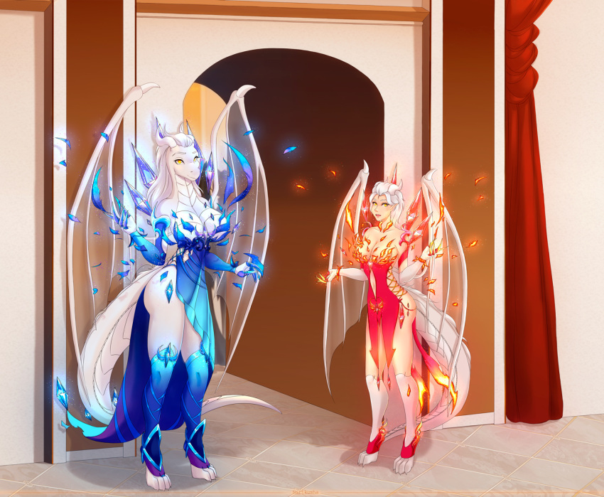 anthro clothed clothing dragon dress duo female hi_res humanoid lady_nora_(twokinds) membrane_(anatomy) membranous_wings narikusha size_difference twokinds webcomic wings