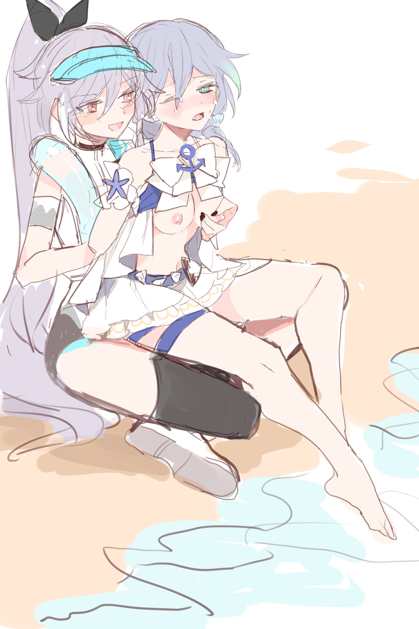 2girls absurdres bare_shoulders barefoot bikini black_ribbon blue_eyes blue_hair blue_headwear blush doodles fu_hua fu_hua_(herrscher_of_sentience) fu_hua_(ooh!_summer!)_(herrscher_of_sentience) fu_hua_(seagull's_soar) fu_hua_(shadow_knight) grabbing grabbing_another's_breast grey_hair hair_between_eyes hand_on_another's_chest high_ponytail highres honkai_(series) honkai_impact_3rd long_hair looking_at_another low-tied_long_hair low_ponytail multicolored_hair multiple_girls navel nipples official_alternate_costume on_head one_eye_closed open_mouth ponytail red_eyes ribbon sleeveless stomach streaked_hair swimsuit thighs white_bikini white_hair white_swimsuit yuri yuyuyu_starrail