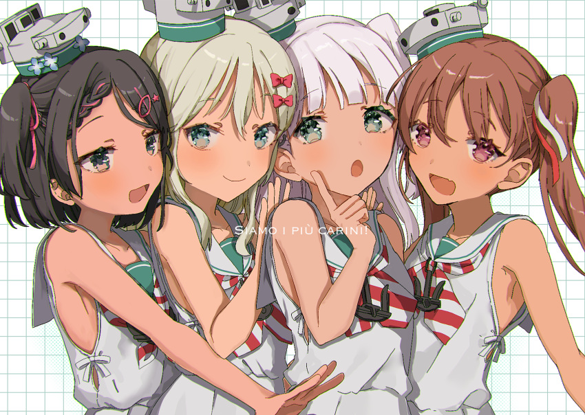 4girls absurdres black_hair blonde_hair blush bow brown_eyes brown_hair closed_mouth commentary_request dress grecale_(kancolle) green_eyes grey_eyes grey_hair grid_background hair_bow highres italian_text kantai_collection libeccio_(kancolle) long_hair maestrale_(kancolle) multiple_girls open_mouth red_bow sailor_collar sailor_dress scirocco_(kancolle) shamomo short_hair simple_background sleeveless sleeveless_dress smile white_background white_dress white_sailor_collar