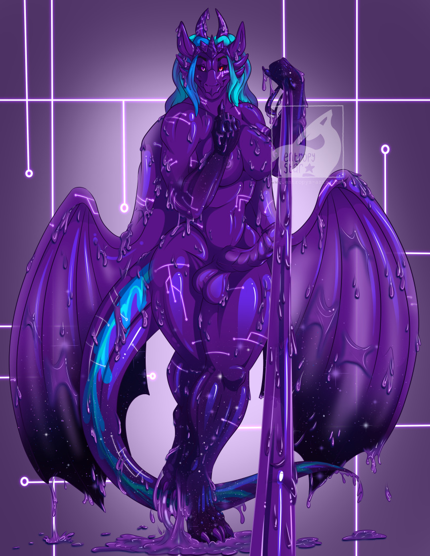 absurd_res cybernetics cyborg dragon entropystar female_(lore) goo_(disambiguation) goo_creature goo_dragon goo_dripping gooborg gynomorph hi_res intersex leash leash_pull looking_at_viewer machine melting purple_body purple_dragon queen_vinyl_da.i'gyu-kazotetsu standing