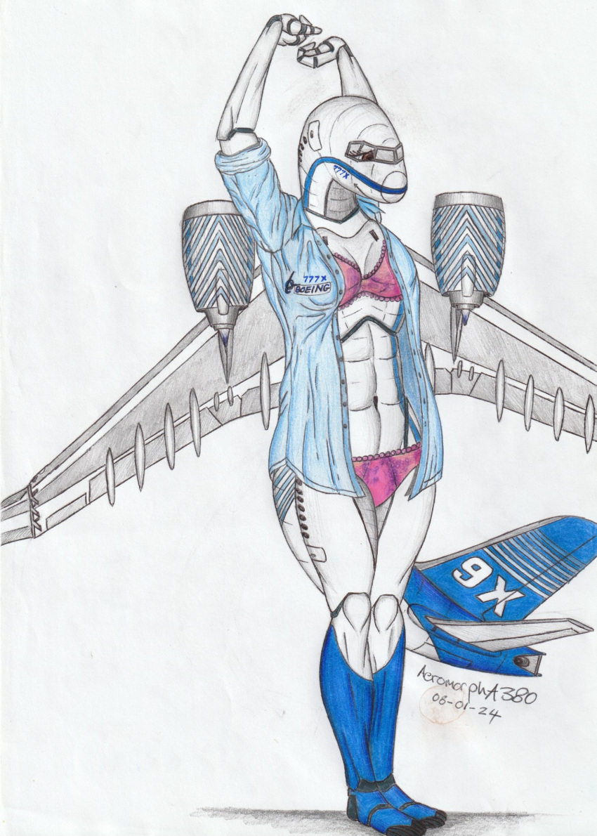 777x aeromorpha380 aircraft airliner athletic boeing boeing_777 clothing drawing female graphite_(artwork) hands_above_head hi_res humanoid lingerie living_aircraft living_machine living_vehicle machine muscular overshirt panties pencil_(artwork) relaxing sleepwear slim smile smirk solo stretching traditional_media_(artwork) tripleseven underwear vehicle