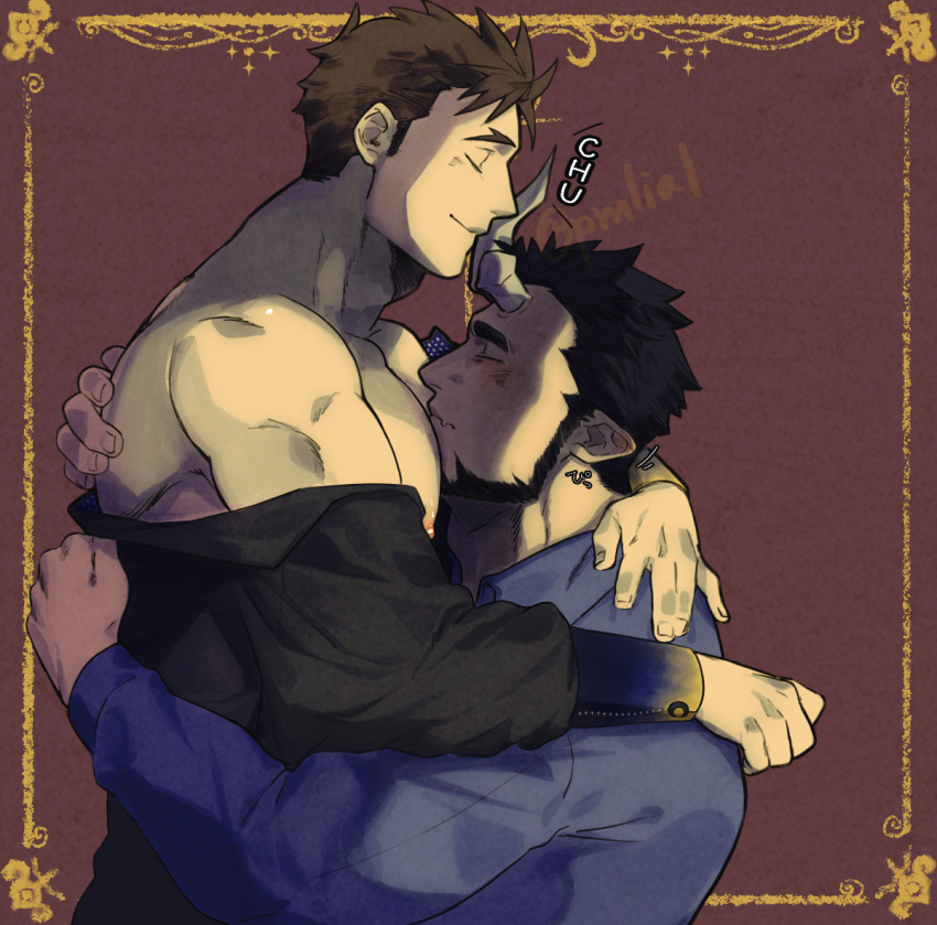 2boys bara bare_pectorals beard between_pectorals blush carrying carrying_person closed_eyes collared_shirt couple face_to_pecs facial_hair fang from_side full_beard gold_border head_between_pecs horn_kiss large_pectorals live_a_hero male_focus male_protagonist_(live_a_hero) mature_male multiple_boys muscular muscular_male nessen_(live_a_hero) nipples off_shoulder pectorals pmlial profile shirt short_hair sideburns skin_fang smile sweatdrop thick_eyebrows upper_body yaoi
