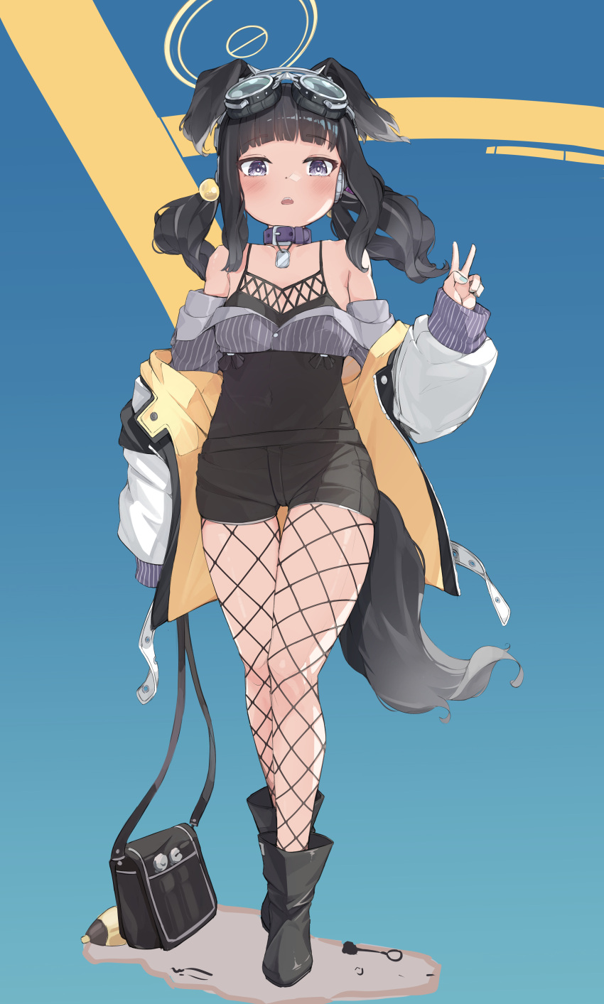 1girl absurdres animal_ears bag black_bag black_footwear black_hair blue_archive blue_background blue_nails blunt_bangs boots breasts collar commentary covered_navel dog_ears dog_girl dog_tags dog_tail fingernails fishnet_pantyhose fishnets full_body goggles goggles_on_head gradient_background halo hibiki_(blue_archive) highres holding holding_bag jacket long_sleeves looking_at_viewer medium_breasts nail_polish naretsuro pantyhose purple_collar solo standing tail thighs v white_jacket yellow_halo