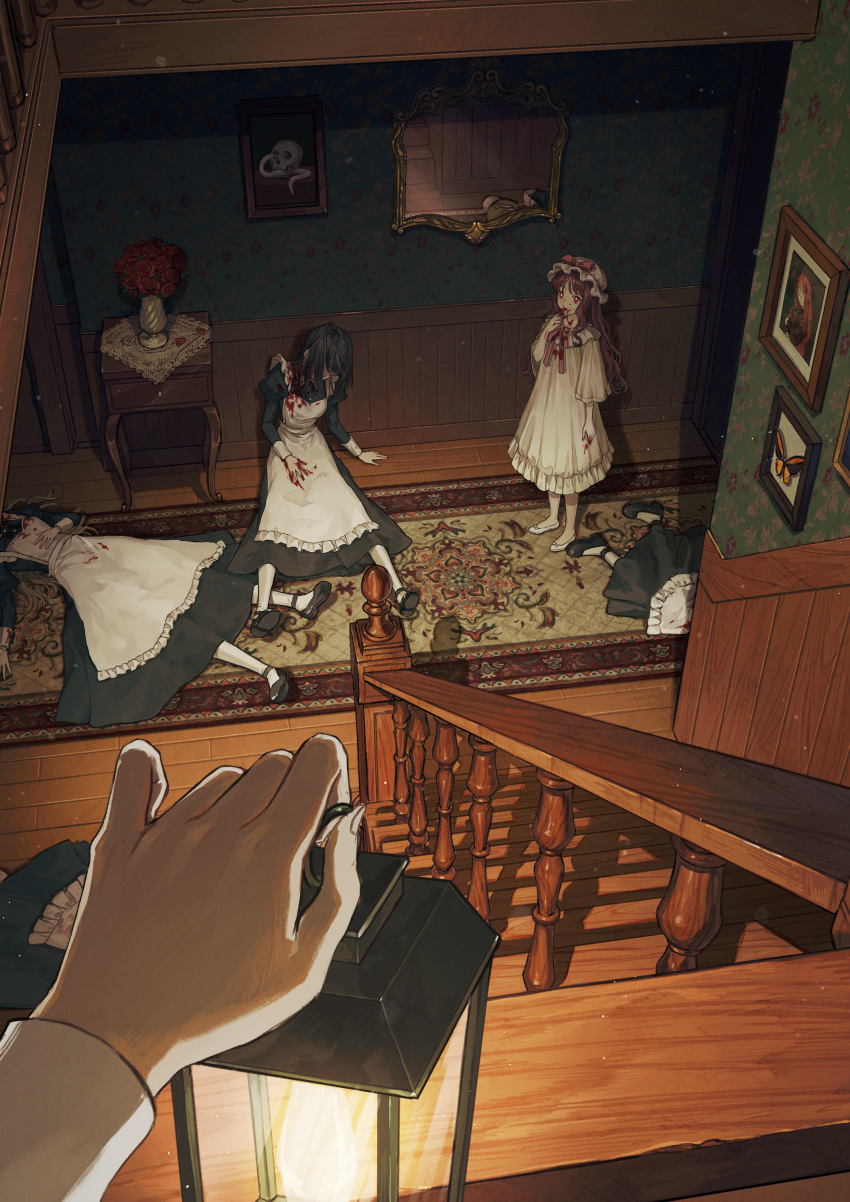 5girls absurdres apron blood blood_on_clothes blood_on_face blood_on_hands carpet commentary hat highres holding_lamp horror_(theme) kotobuki_nashiko long_hair looking_at_viewer maid maid_apron maid_headdress mirror multiple_girls original pale_skin purple_hair red_eyes reflection shoes short_hair socks stairs table vampire